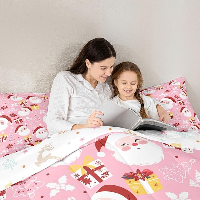 jejeloiu Santa Claus Comforter Set King Size Merry Christmas Bedding Set for Kids Boys Girls Xmas Themed Duvet Quilt Pink Bedroom Decor