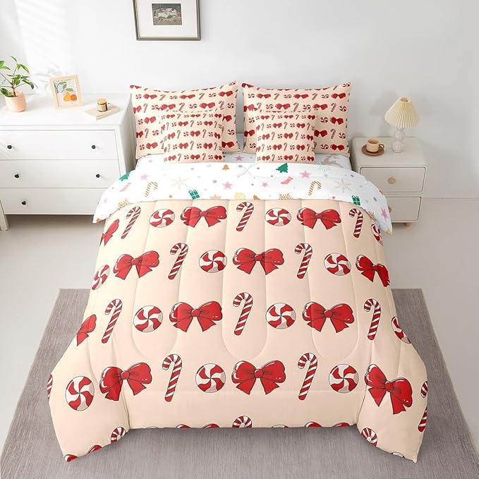 Feelyou Red Christmas Girly Comforter Set with Sheets Kids Christmas Bowknot Bedding Set Boys Girls Bow Candy Decor Bed in a Bag Xmas Theme Bed Set Bedroom Queen Size
