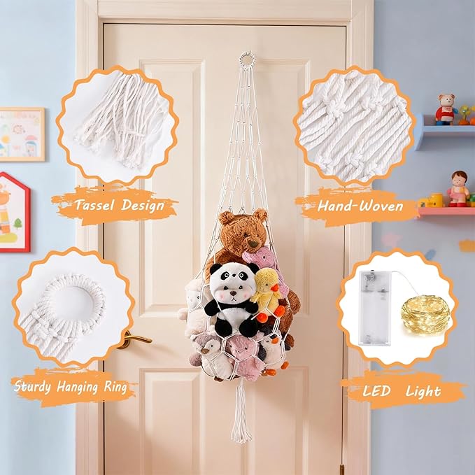 Stuffed Animal Hammock Corner Net with LED Light Plushies Storage Hammock for Stuffed Animals Boho Room Decor Macrame Wall Decor