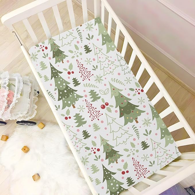 Cartoon Christmas Tree Crib Sheets for Boys Girls Soft Breathable Mini Crib Sheets for Baby 52" x 28"