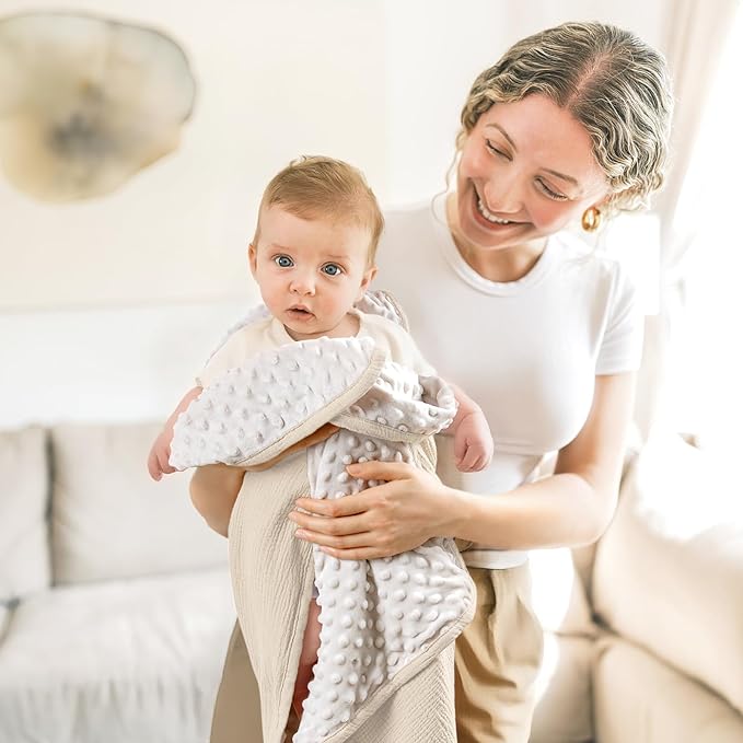 lulumoon Baby Blankets for Newborn Unisex: Thermal Minky Dotted Backing - Muslin Receiving Blanket for Baby Essential & Registry Gift 30"x40"(Ivory)