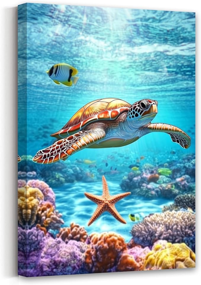 AWPANERAR Sea Turtle Wall Art Bathroom Pictures Watercolor Sea Life Canvas Prints Ocean Animal Poster Nautical Theme Artwork for Kids Room Nursery Decor Framed (Green, (30L x 20W))