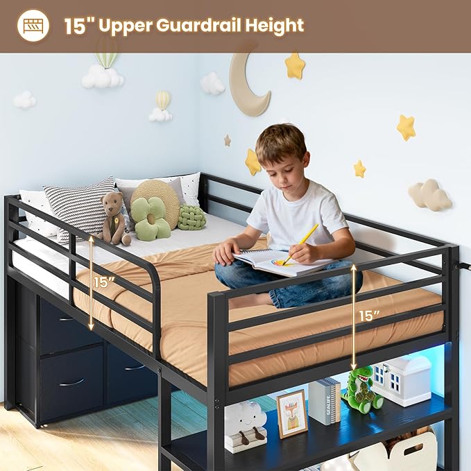 BTHFST Low Loft Bed Twin Size with 6 Storage Drawers, LED Lights, 2 Tier Storage Shelves, Kids Metal Loft Bed with 15" H Stairs & Safety Guardrail, Spave Saving, Black