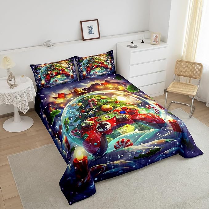 Video Games Kids Comforter Set Twin Size,Christmas Tree Snowflake Bedding Set for Boys Girls Room Decor,Merry Christmas Gamer Quilt Set 2Pcs,Xmas Red Gamepad Microfiber Duvet Insert,1 Pillowcase