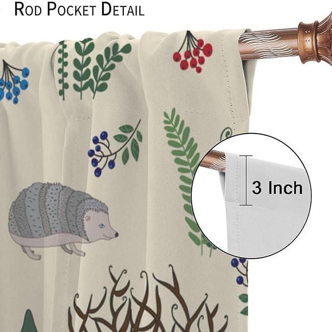 Kids Forest Animal Curtains, Rustic Cute Wild Animal Fox Deer Hedgehog Window Treatments Farmhouse Woodland Window Drapes for Girls Boys Nursery Toddler Bedroom 42x54in