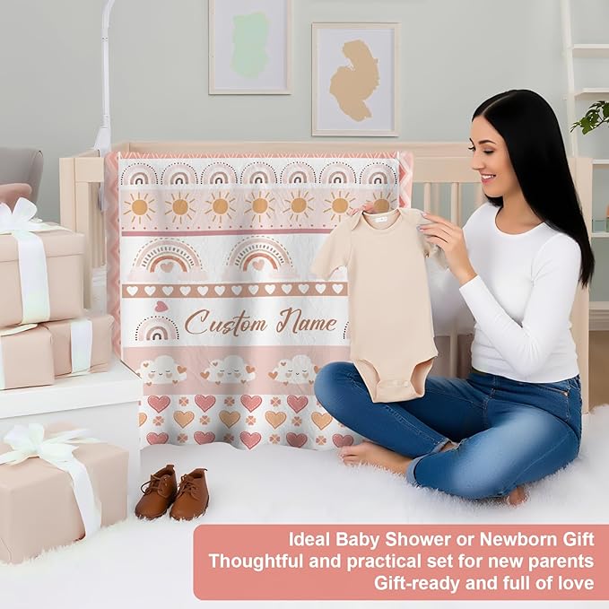 Personalized Baby Crib Bedding Set,3 Piece Custom Name Nursery Set with Blanket, Fitted Sheet & Pillowcase for Baby Girls & Boys, Boho Rainbow Theme(Fixed Size)