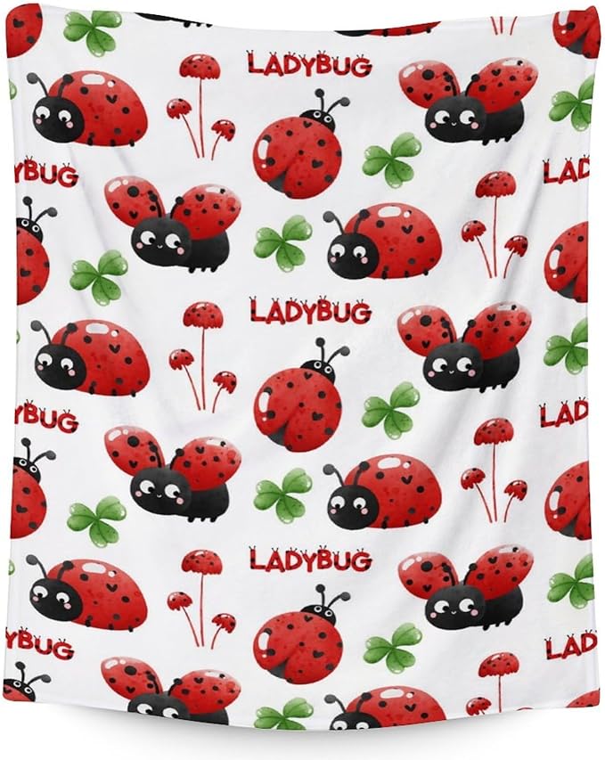 Ladybug Blanket for Women - Cute Lady Bug Print Gifts - 60 x 80 Inches White Fuzzy Throw Blankets Stuff for Bed, Living Room