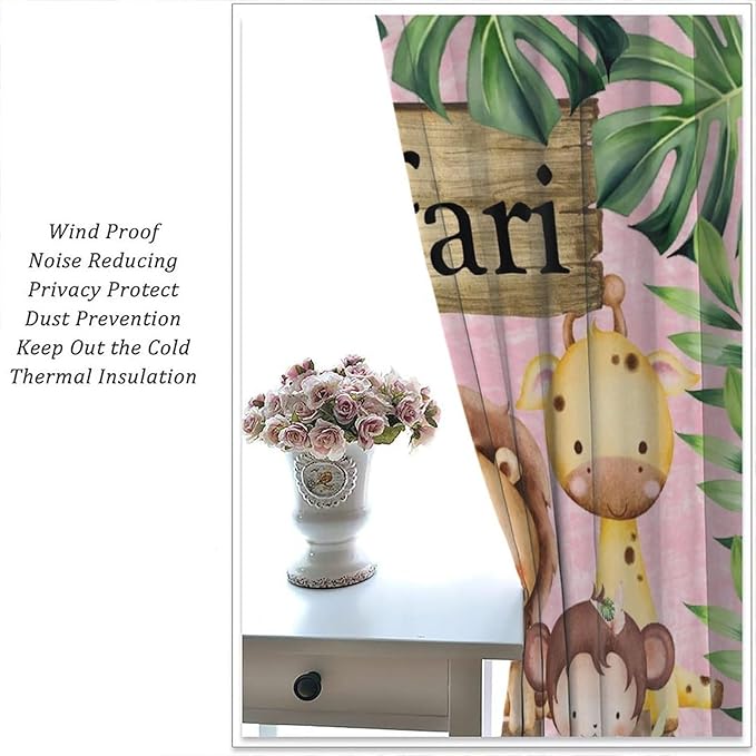 Kids Safari Animals Curtains, Cartoon Wildlife Tropical Leaf Pink Blackout Window Treatments, Rod Pocket Thermal Insulated Drapes 2 Panel Sets for Bedroom Nursery Classroom, 52" W X 84" L