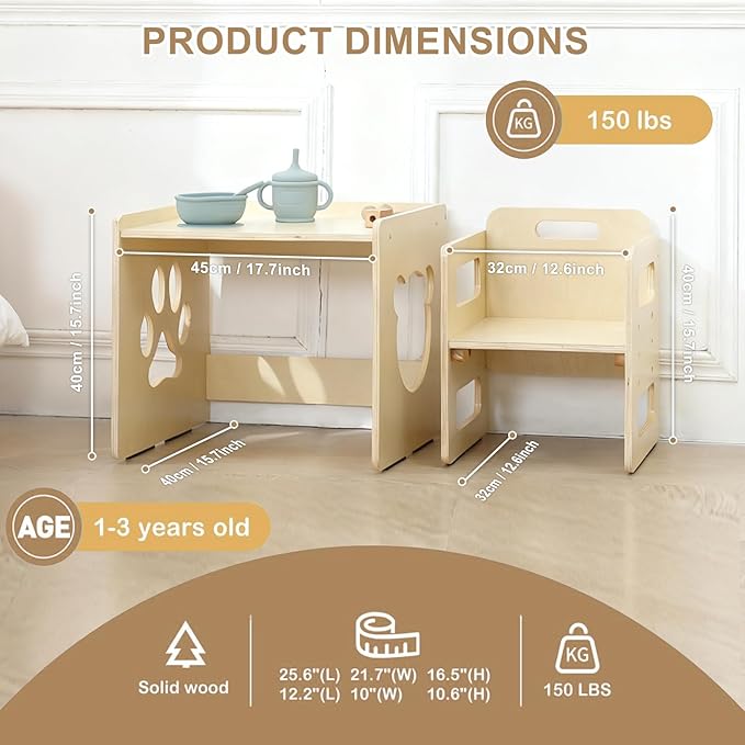 Montessori Weaning Table and Chair Set - 3-Level Height Adjustable Wooden Toddler Furniture, Activity Table Set for Eating, Playing & Learning, Kids Montessori Furniture for Age 1 2 3 Years
