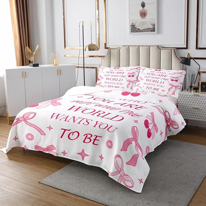 Manfei Pink Bowknot Kids Bedspread Queen Size,Cherry Tropical Fruit Cute Princess Coverlet Set,Girls Women Room Decor,Bow Tie Stars Daisy Floral Quilted Coverlet,Romantic Bedding Quilt,2 Pillowcases