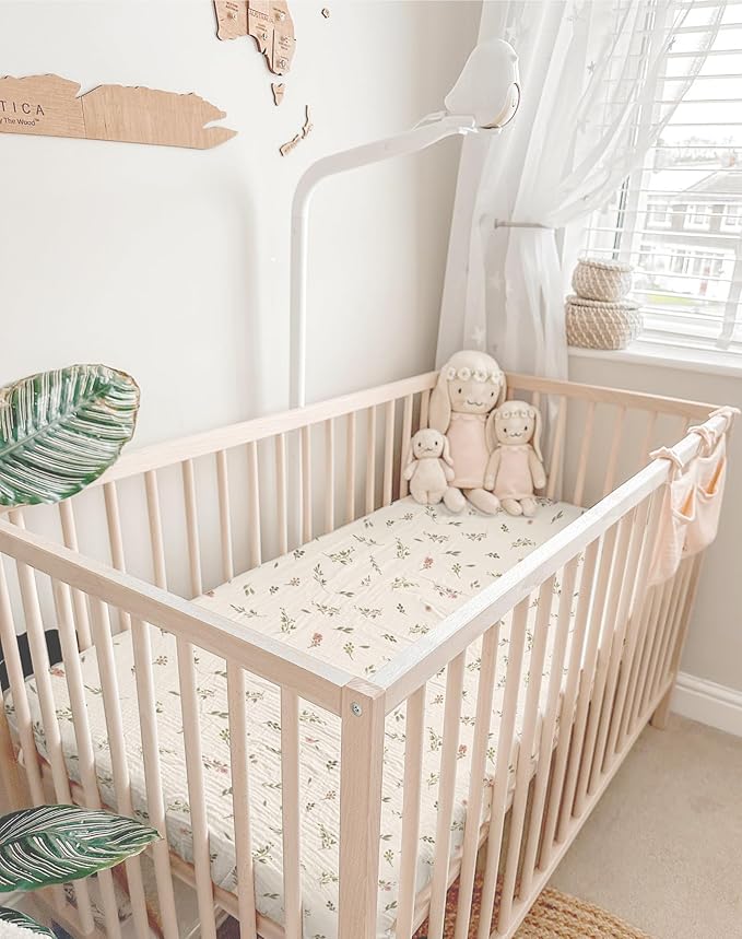 Mini Crib Sheets for Baby Boy Girl 2 Pack, Neutral Mini Crib Mattress Sheet 24" x 38", Muslin Nursery Bedding Soft and Breathable Comfort (Petal Leaf & Pink)