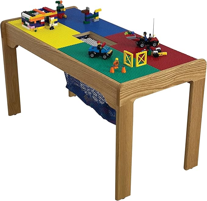 Fun Builder® #1 Rated American-Made 4 Color Lego® Compatible Solid Wood Table with Built-in Storage(Patent)-NO Tools-Only 5 Minute Assembly(Patent)-Built to Last Generations! 32"x16"-Ages 5 & UP