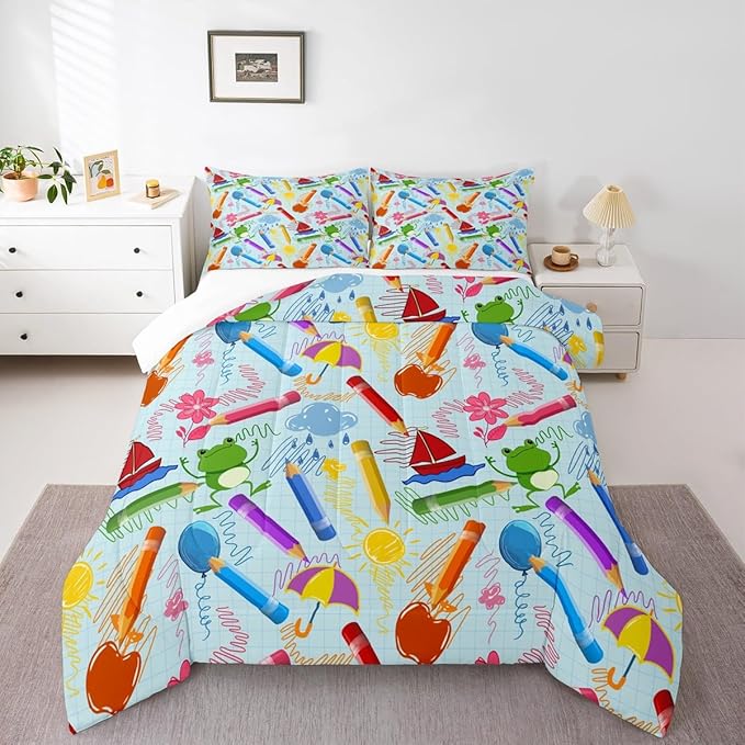 Feelyou Kids Cartoon Pencil Comforter Set King Size, Colorful Nursery Bedding Set Cute Crayon Comforter for Kids Boys Girls Funny Art Printed Duvet Set Durable Bed Set 3Pcs