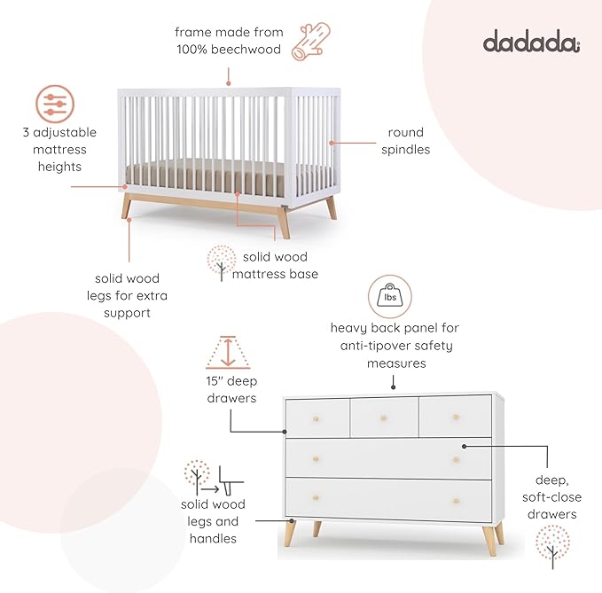 dadada Baby Harmony Set, Nursery Furniture Set. Baby Crib and Dresser Combo. Soho 3 in 1 Convertible Crib and Austin 5 Drawer Nursery Dresser. White & Natural Beechwood