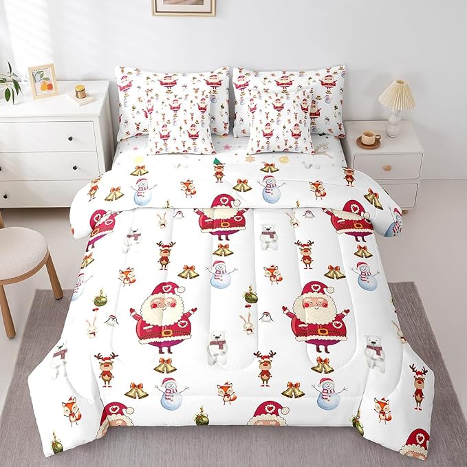 Feelyou Christmas Bed Set Cute Snowman Santa Claus Kids Decorations Bed in a Bag Boys Girls Bear Rabbit Comforter Set with Sheets Christmas Bells Design White Bedding Set Bedding King Size