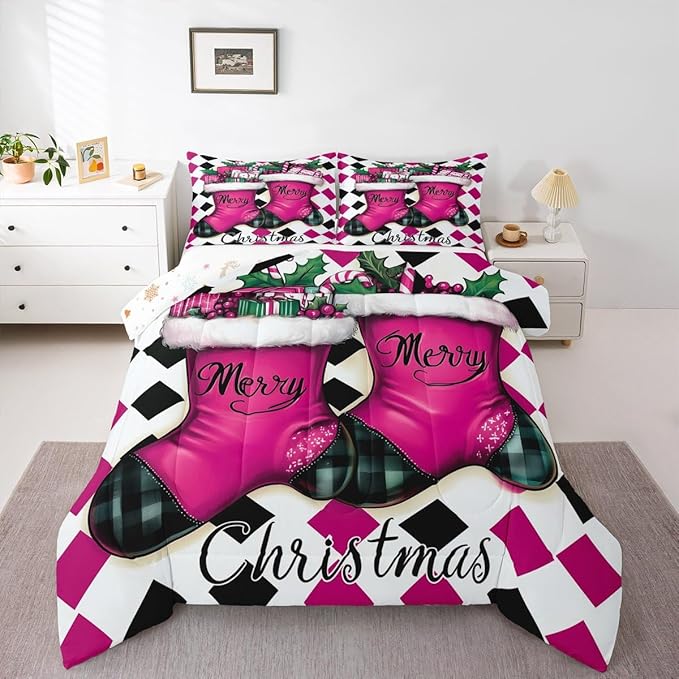 Feelyou Merry Christmas Comforter Set All Season Cartoon Shoes Bedding Set with 1 Pillow Cases Microfiber Kids Twin Bedclothes Winter Bedroom Decor Duvet Quilt Breathable Soft