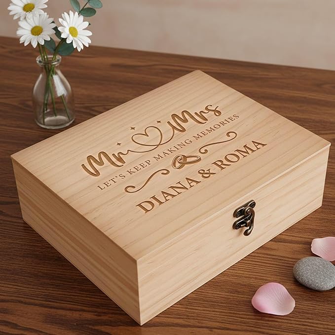 Personalized Large Wooden Keepsake Box with Pine/Walnut(8*6*3in), Custom Memory Box for Wedding Gifts, Personalized Gifts for Women/Wife/Couple, Keepsake Storage Decorative Wood Box for Wedding