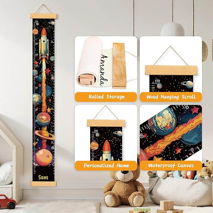 Personalized Name Kids Growth Chart, Watercolor Animal Canvas Baby Height Growth Chart Wall Decor for Baby Kids Toddlers (Rocket)