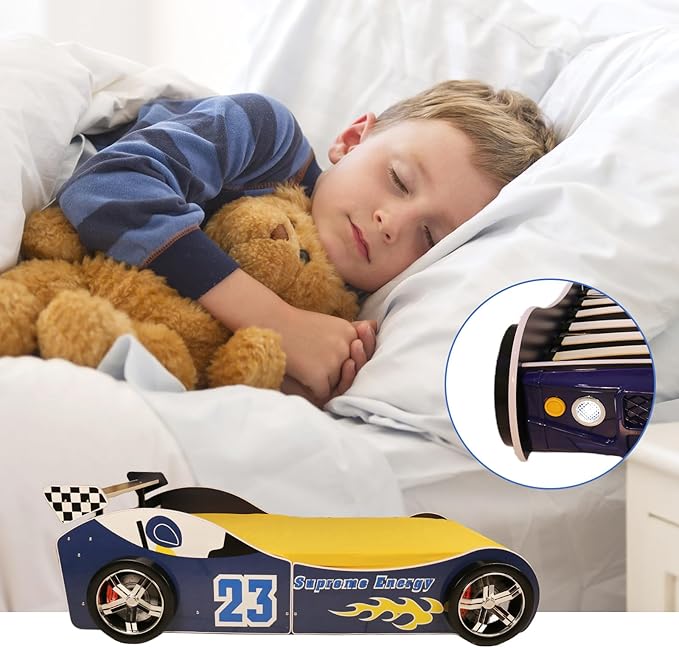 LKTART Car Bed Twin Size for Kids, Race Car Shaped Wooden Platform Bed Frame with Headboard Wheels and Support Slats for Boys Toddlers Child's Bedroom (Blue)