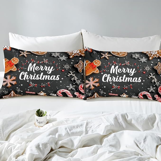 Manfei Christmas Bedding Set 3pcs for Kids Girls Red Cartoon Gingerbread Man Printed Comforter Cover Festival Duvet Cover Set Microfiber Bedspread Cover with 2 Pillow Cases(No Comforter) King Size