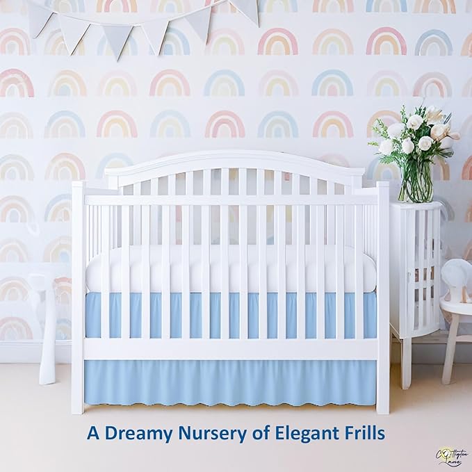 Cottington Lane Light Blue Crib Skirt Dust Ruffle, 100% Natural Cotton, Soft, Durable Nursery Crib Toddler Bedding Skirt for Baby Girls or Boys, Fits Standard Cribs 28" x 52" with 14" Drop