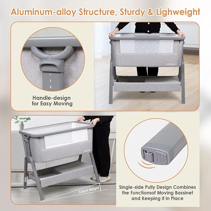 Beberoad Love Baby Bassinet Beside Sleeper for Baby Lightweight Portable 6 Heights Adjustable Beside Crib Baby Bed Cradle for Newborns Infants with Mattress Wheels Storage Basket Travel Bag Light Grey
