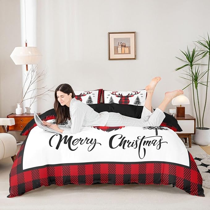 jejeloiu Christmas Bedding Set for Kids Boys Girls Xmas Deer Elk Antlers Comforter Cover Set Queen Size Buffalo Check Grid Duvet Cover Bedroom Decor Xmas Bedding Collection 3Pcs