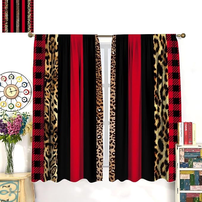 Leopard Skin Blackout Window Curtains, Brown Cheetah Red Black Plaid Stripe Print Window Drapes for Kids Boy Girls Bedroom Living Room 72" W X 63" L