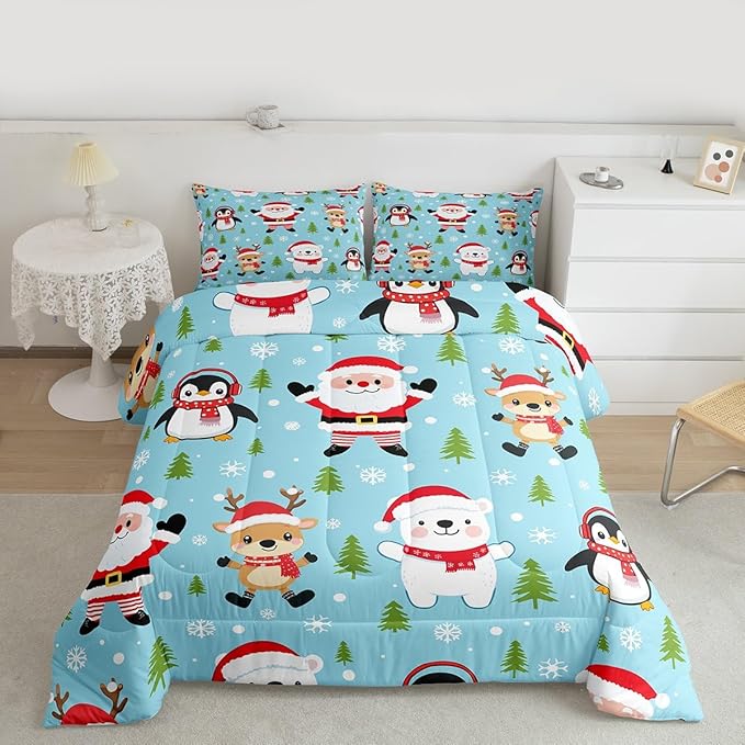 Feelyou Christmas Comforter Set Queen Size Santa Claus Bedding Set for Kids Boys Girls Penguin Deer Duvet Quilt Xmas Snowflake Tree Bedroom Decor Microfiber 3 Pcs with 2 Pillow Cases