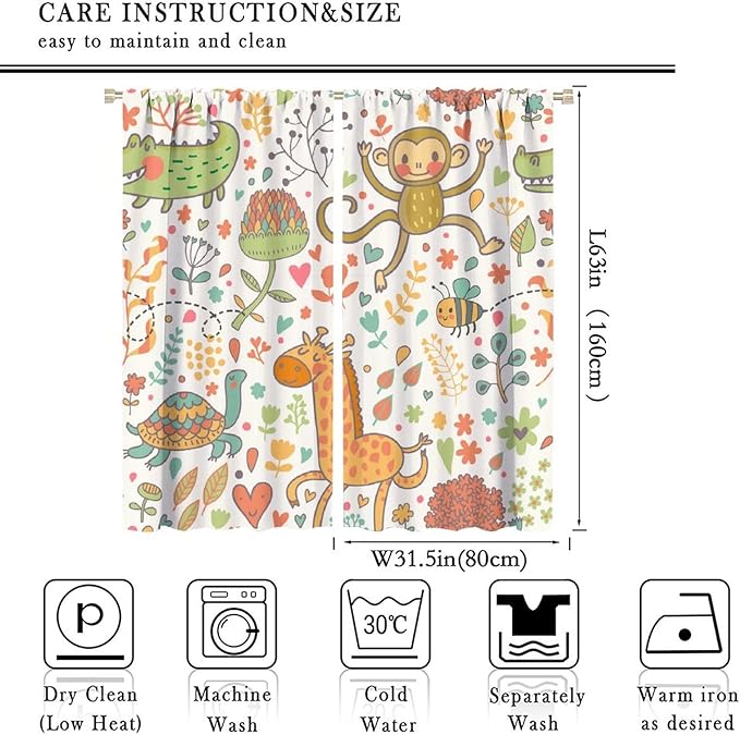 Cute Monkeys Curtains, Zoo Theme Cartoon Funny Animals Crocodile Giraffe Turtle with Flowers Print Thermal Insulation Window Drapes for Kids Boys Girls Baby Bedroom Living Room 63x63in