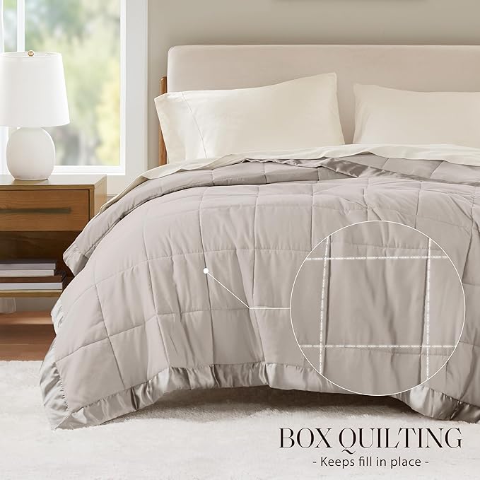 Madison Park Windom Down Alternative Blanket, Premium 3M Scotchgard Moisture Wicking Treatment, Lightweight and Soft Bed Cover For All Season, Satin Trim, Grey Full/Queen