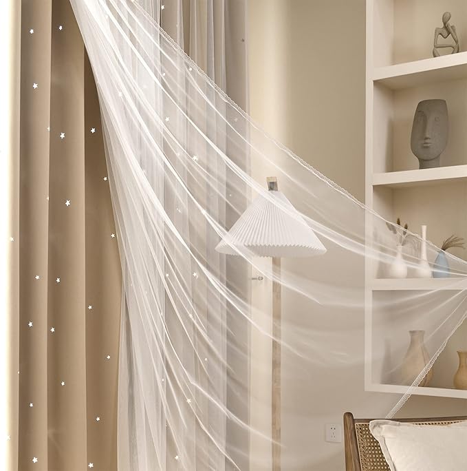 Kinryb Kids Blackout Curtains for Bedroom/Living Room/Classroom, Sheer Overlay 84 Inches 2 Panel Set, Double Layer Curtains with Star Cutout for Kids Room(W 52 x L 84 Inches,Beige 2 Pcs)
