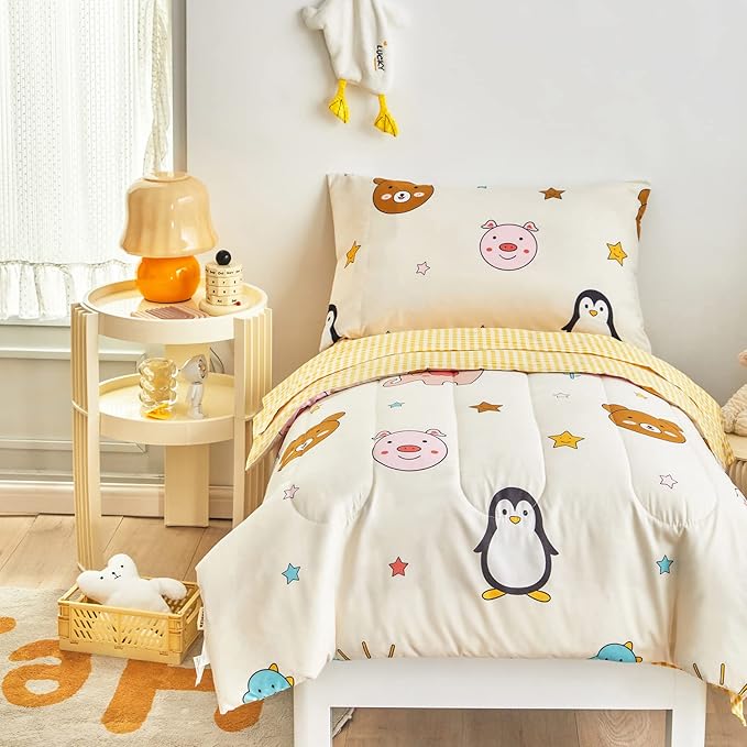 Flysheep 4 Piece Colorful Beige Toddler Bedding Set Happy Animals Printed for Baby Boys and Girls - Includes Quilted Comforter, Flat Sheet, Fitted Sheet & Pillow Case, Soft & Comfortable Microfiber