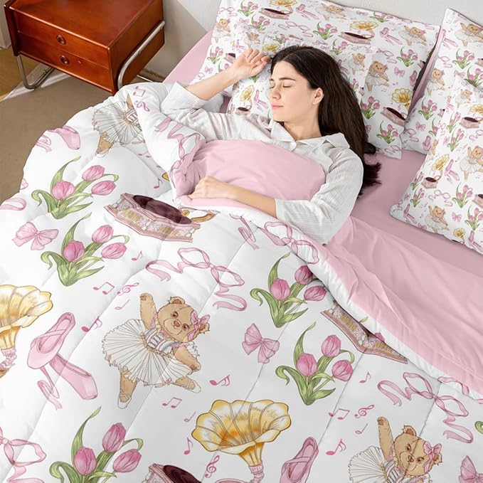 Pink Bowknot Princess Comforter King Size,Ballet Shoes Bear Dancer Cartoon 7 Pcs Bedding Set,Tulip Flower Music Note Record Decor,Bow Tie Romantic （Fitted+Sheet+2 Pillowcases+2 Throw Pillow Covers）