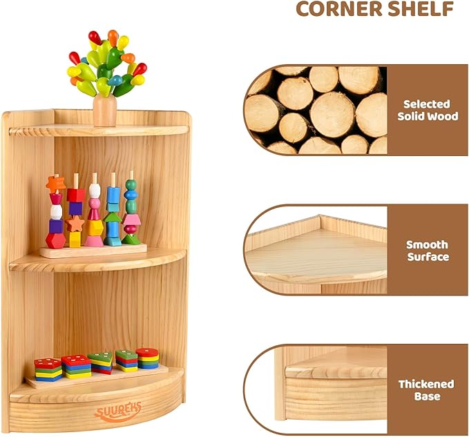 Corner Cabinet, 2-Tier Montessori Shelf, Kids Toy Shelf & Wooden Bookshelf, Book Shelf for Kids Rooms, Nursery, Classroom, Kindergarten (23-5/8"*11-1/5"*11-4/5")