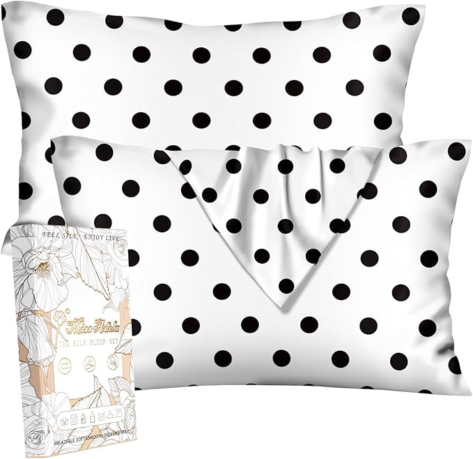 Silk Pillowcase 2 Pack - Pillow Cases 20" x 30" Queen Size Set of 2 for Hair and Skin Smooth Soft Breathable with Hidden Zipper Cooling Pillow Covers for Sleeping, White Black dot