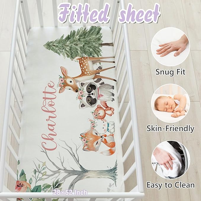 Personalized Baby Crib Bedding Set, 5 Pcs Custom Name Nursery Bedding Set for Girls Boys, Pink Forest Animals Baby Crib Set for Toddlers Infants, Double Layer Bedding Crib Sets Customized Gifts