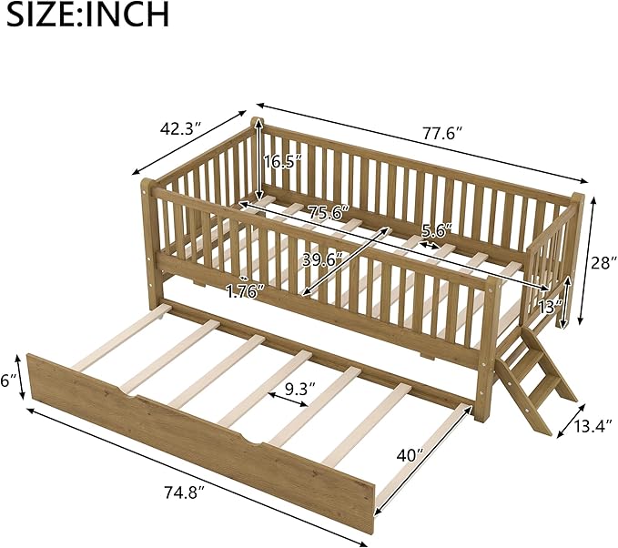 LUMISOL Twin Size Low Platform Bed Frame with Trundle, Wood Floor Bed with Ladder & Fence Guardrail for Kids Teens Girls Boys, No Box Spring Needed, Walnut