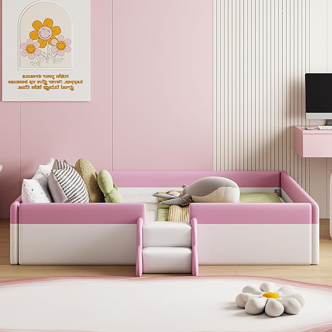 Queen Size Upholstered Daybed Frame with Fence and Stairs, Montessori Kids Floor Bed with Sturdy Slat Support for Kids Boys Girls