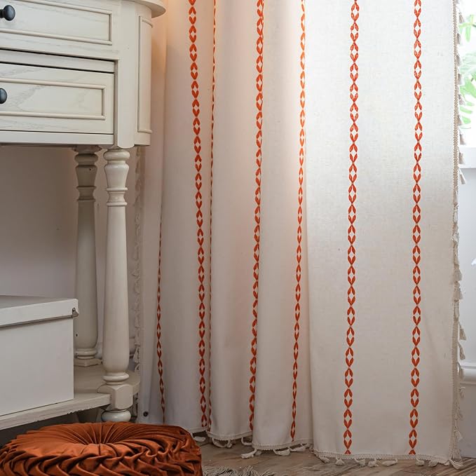 Deeprove Rust Orange Boho Curtains 63 inches Length for Living Room Bedroom Nursery, Vintage Chic Bohemian 63 inches Long Embroidery Farmhouse Tassel Privacy Window Treatments W52 x L63, 1 Panel