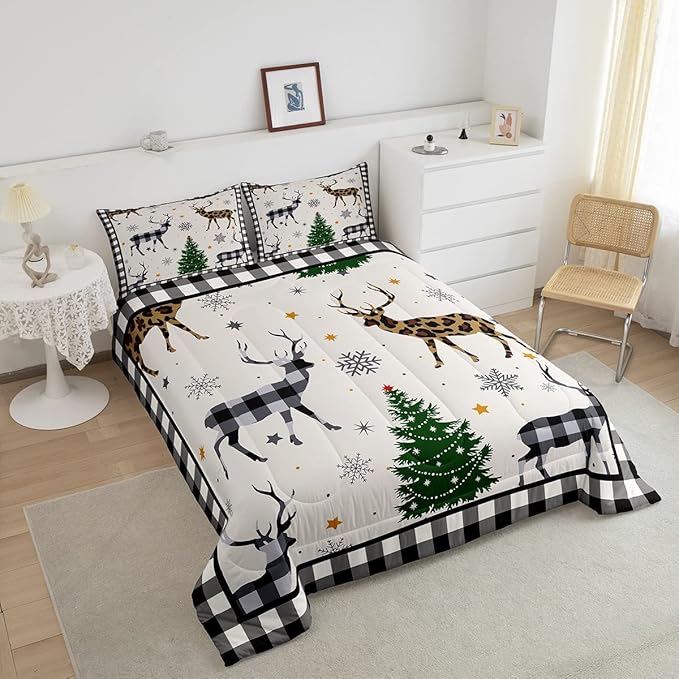 Kids Deer Silhouette Comforter Set Twin Size,Snowflake Pine Trees Bedding,Girls Boys Adults Bedroom/Xmas Cabin Decor,Geometric Grids Plaid Down Comforter,Rustic Farmhouse Duvet Insert,1 Pillowcase