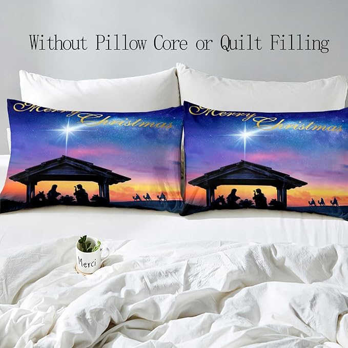 LUVIVIHOME 3PCS Christmas Duvet Cover Queen Bedding Sets, Purple Blue Galaxy Sunset Manger Nativity Scene O Holy Night Winter Holiday Xmas Christmas Comforter Quilt Cover, Bed in a Bag, 2 Pillow Shams