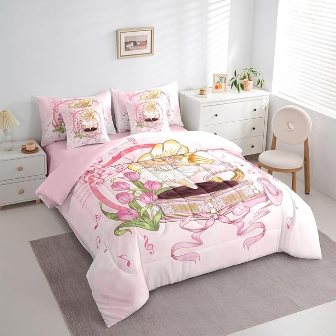 Ballerina Bear Kids Comforter King Size,Record Player Music Note Ballet Shoe 7 Pcs Bedding Set,Bowknot Bow Tie Princess Room Decor,Pink Romantic （Fitted+Sheet+2 Pillowcases+2 Throw Pillow Covers）