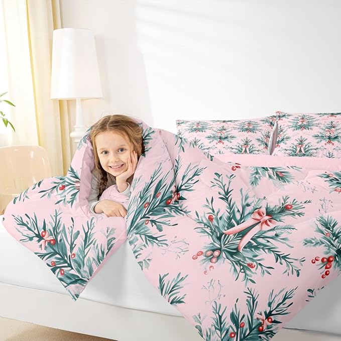 Feelyou Merry Christmas Kids Comforter Set Full Size Green Xmas Tree Bedding Set Pink Bow Duvet Quilt for Kids Boys Girls Bedroom Decor Microfiber Ultra Soft Breathable