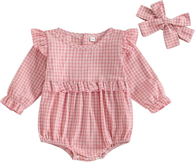 Karuedoo Newborn Baby Girl Clothes Gingham Plaid Bubble Romper Long Sleeve Ruffle Bodysuit with Headband Spring Fall Outfit