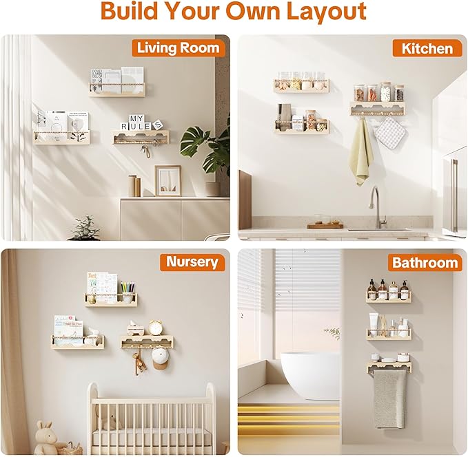 Nursery Floating Shelves for Wall,3-Pack Scalloped Wall-Mounted Nursery Book Shelves,Hanging Shelves for Bedroom,Living Room,Bathroom,Kitchen and Home Decor