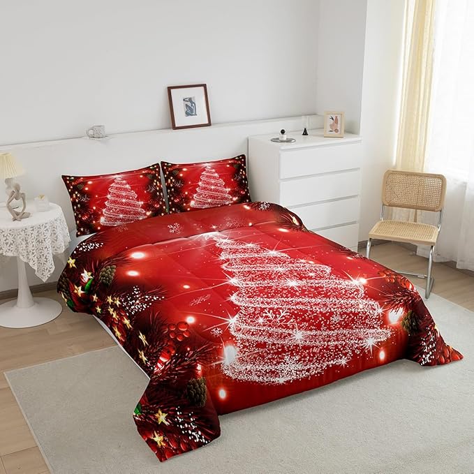 Feelyou Kids Merry Christmas Decorations Comforter Set, Kids Santa Tree Bedding Set Twin Size for Boys Girls Teens Xmas Christmas Bell Decor Comforter Glitter Red Quilt Set