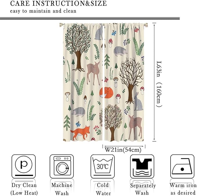 Kids Forest Animal Curtains, Rustic Cute Wild Animal Fox Deer Hedgehog Window Treatments Farmhouse Woodland Window Drapes for Girls Boys Nursery Toddler Bedroom 42x63in