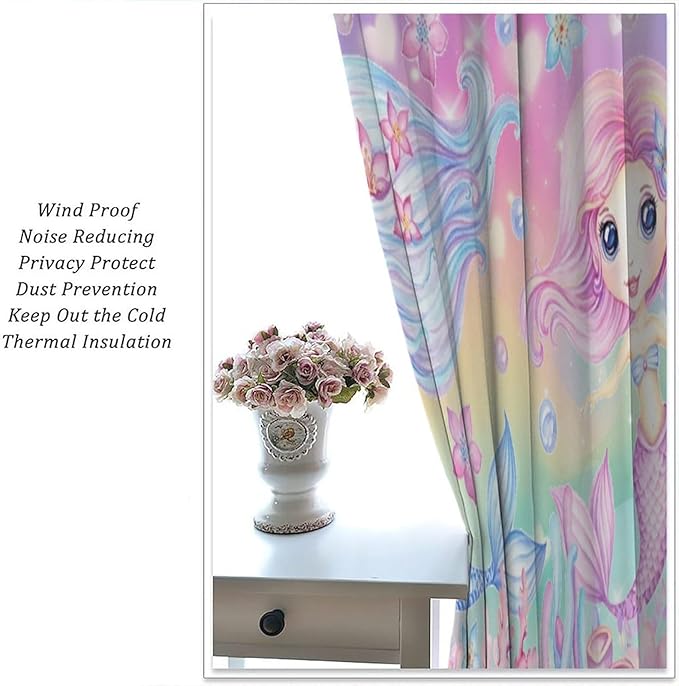 Cartoon Mermaid Kids Curtain Fantasy Ocean Theme Coral Flower Floral Window Treatment for Kids Girls Bedroom Nursery Room Decor Rod Pocket Blackout Window Drapes 42x63in