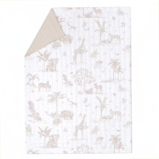 MakeMake Organics Organic Baby Comforter GOTS Certified Organic Kids Blanket Cotton Infill Tufted - Reversible Ultra Soft Breathable Boys Girls (30"x40", Safari + Solid Oat)